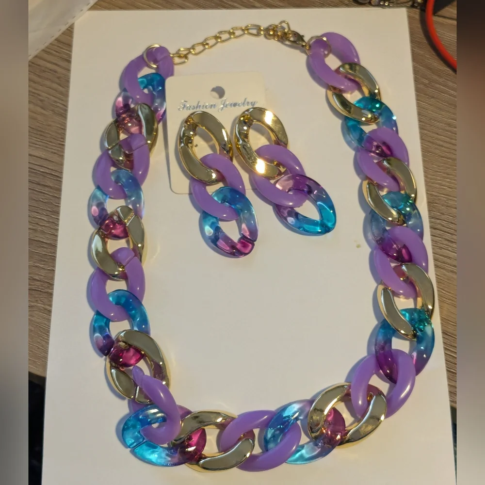 Purple and Blue Chain Necklace and Earring Set - Picture 1 of 2